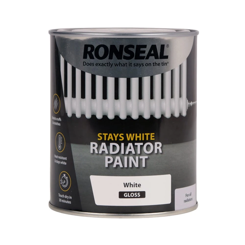 Ronseal Stays White Radiator Paint White Gloss 750ml 1 Ronseal Stays White Radiator Paint White Gloss 750ml