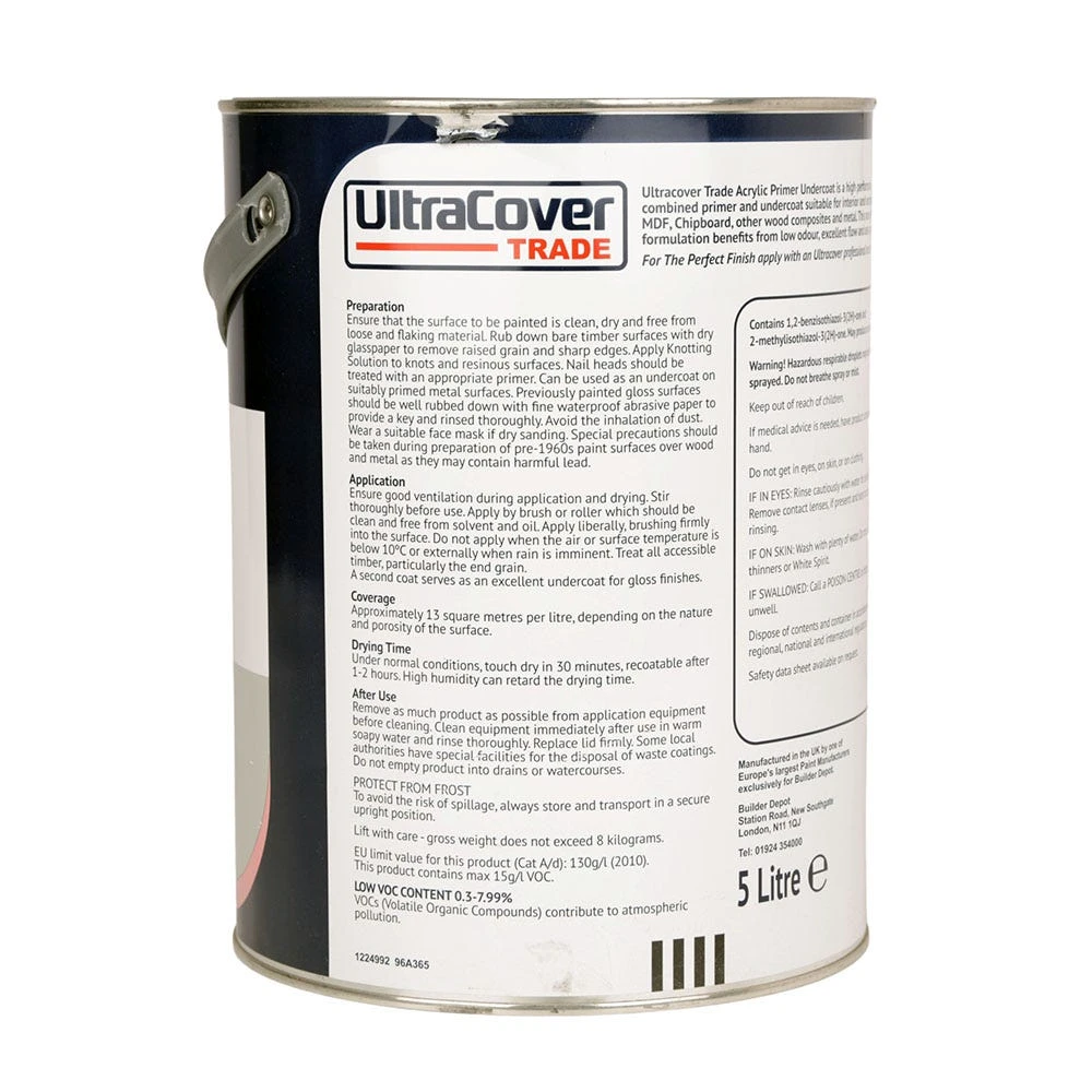 UltraCover Trade Acrylic Primer Undercoat Brilliant White 5L 2 UltraCover Trade Acrylic Primer Undercoat Brilliant White 5L - Image 2