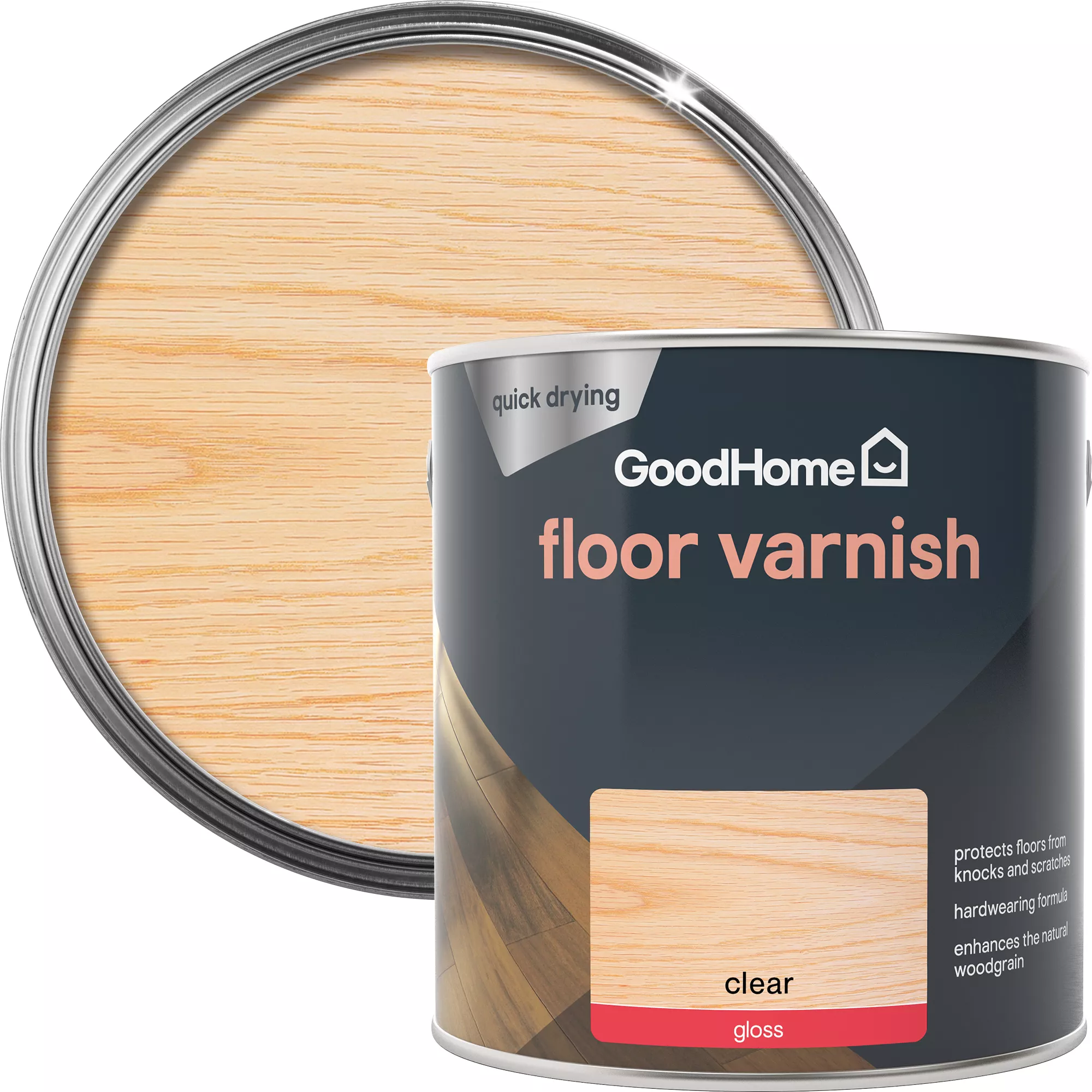 GoodHome Clear Gloss Floor Wood Varnish, 2.5L 1 GoodHome Clear Gloss Floor Wood Varnish, 2.5L
