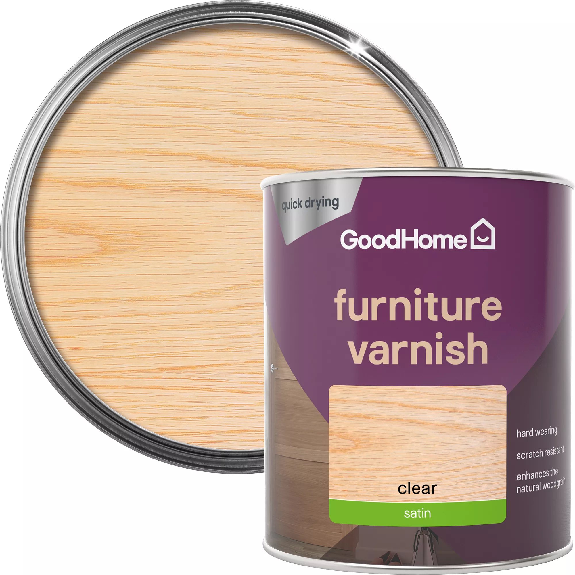 GoodHome Clear Satin Multi-surface Furniture Wood Varnish, 750ml 1 GoodHome Clear Satin Multi-surface Furniture Wood Varnish, 750ml