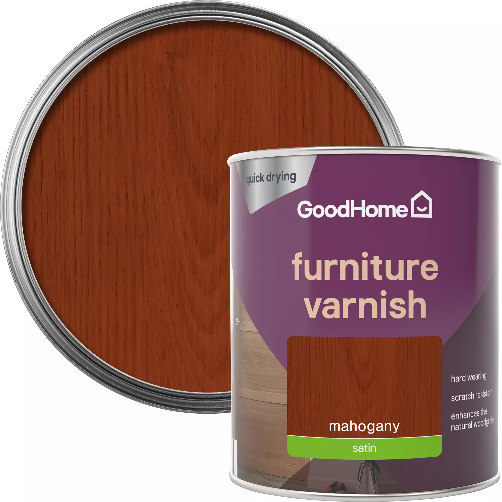 GoodHome Mahogany Satin Multi-surface Furniture Wood Varnish, 750ml 1 GoodHome Mahogany Satin Multi-surface Furniture Wood Varnish, 750ml