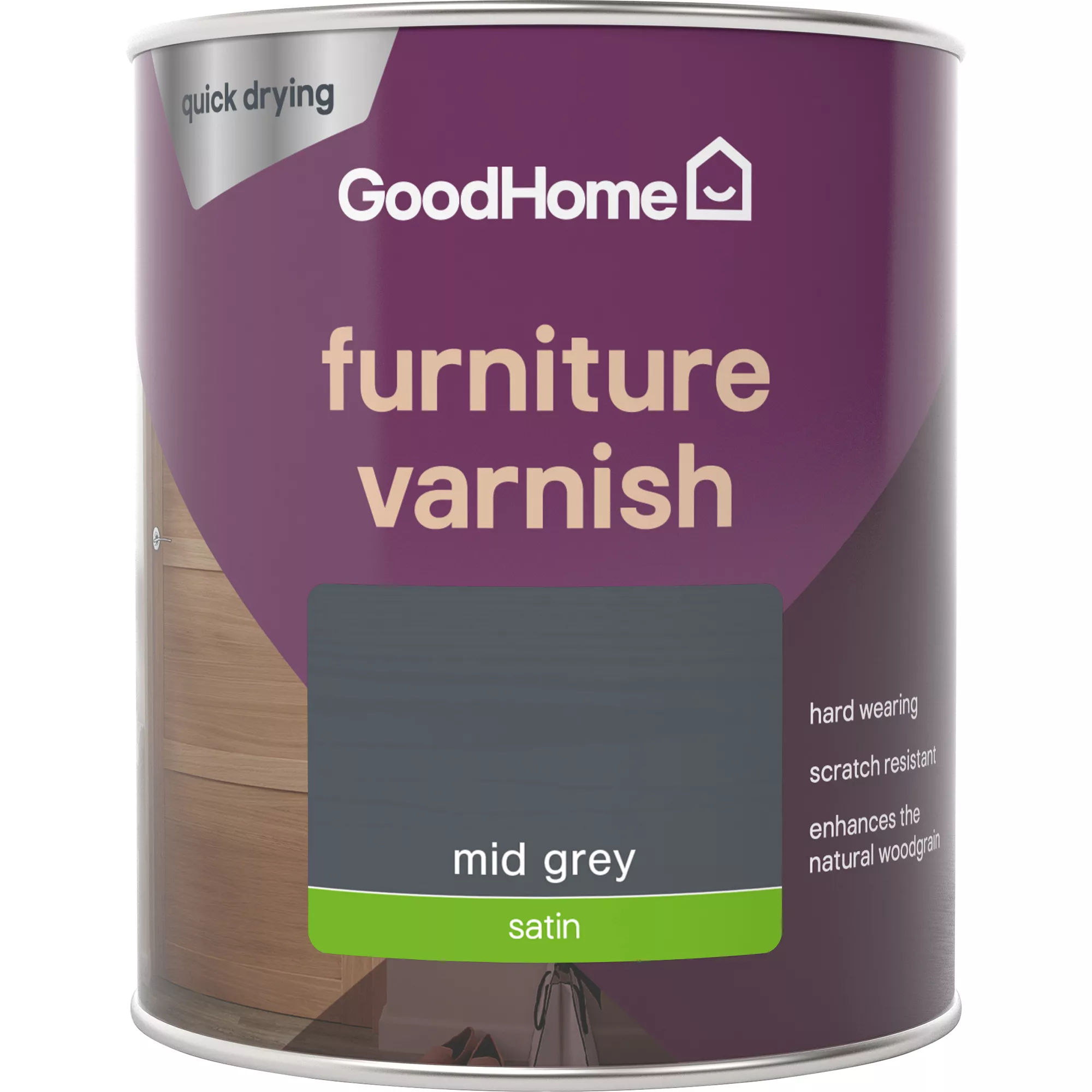 GoodHome Mid Grey Satin Multi-surface Furniture Wood Varnish, 750ml 2 GoodHome Mid Grey Satin Multi-surface Furniture Wood Varnish, 750ml - Image 2