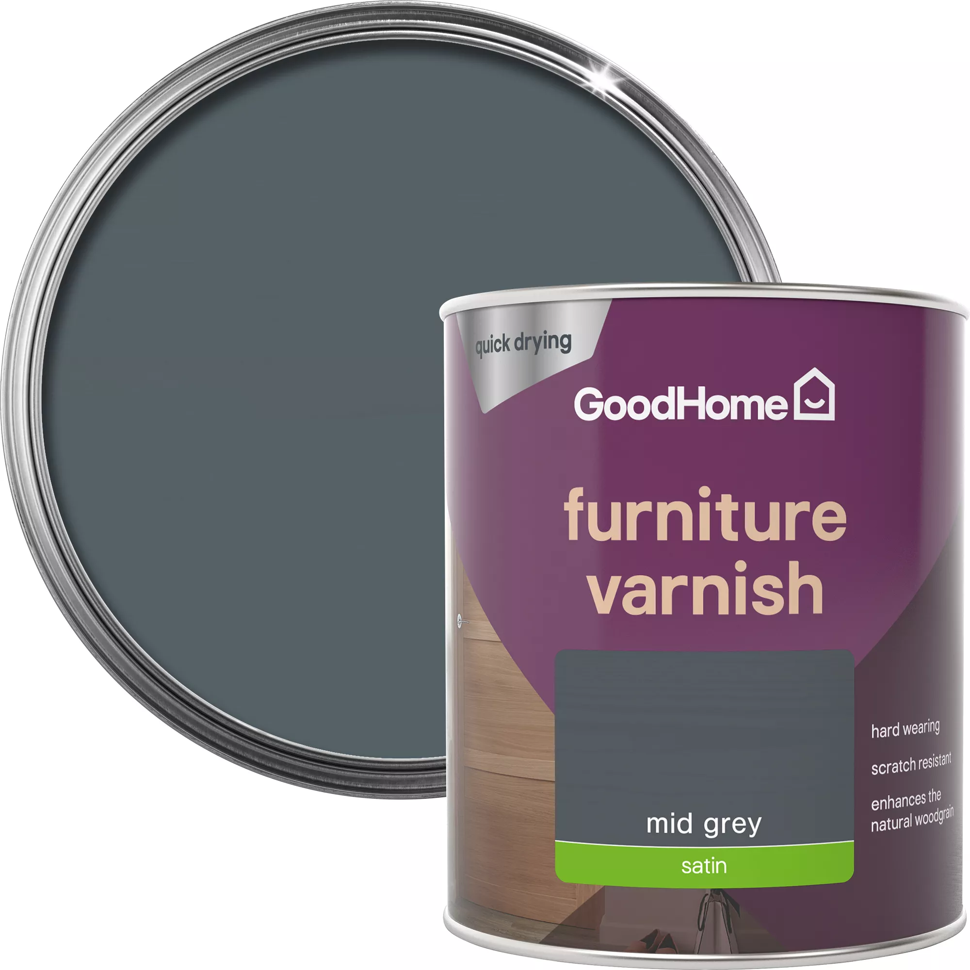 GoodHome Mid Grey Satin Multi-surface Furniture Wood Varnish, 750ml 1 GoodHome Mid Grey Satin Multi-surface Furniture Wood Varnish, 750ml