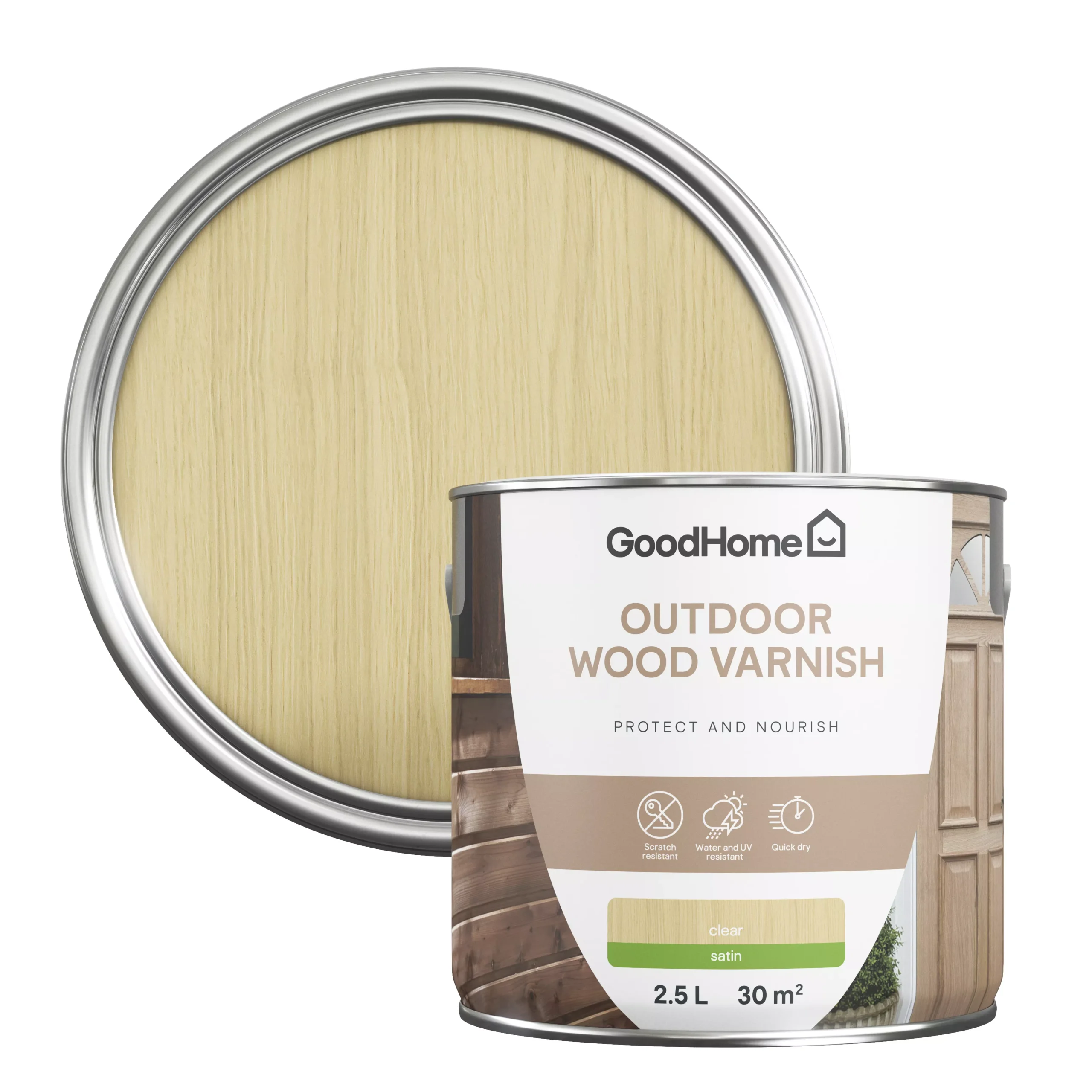 GoodHome Outdoor Clear Satin Varnish, 2.5L 1 GoodHome Outdoor Clear Satin Varnish, 2.5L