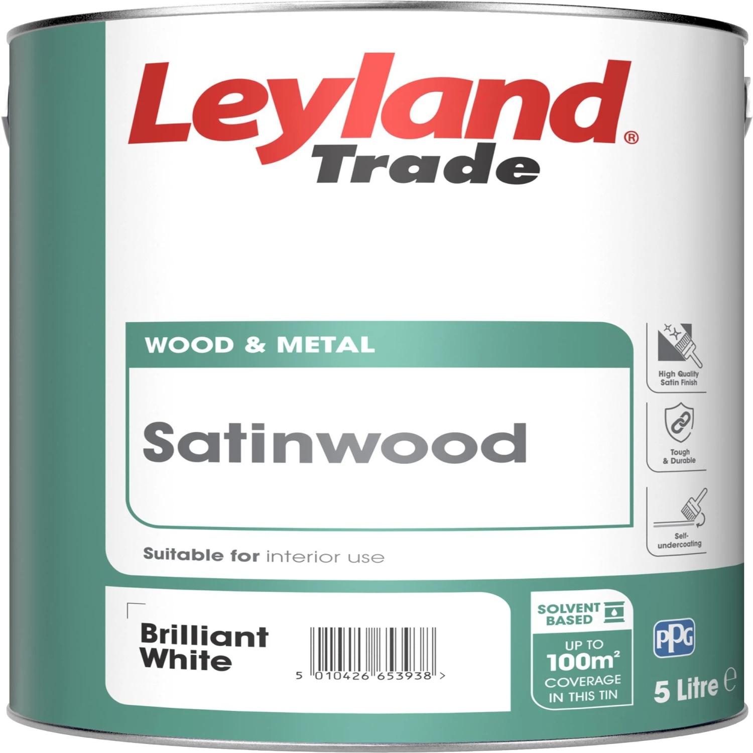 Leyland Trade Pure Brilliant White Satinwood Metal & Wood Paint, 5L 1 Leyland Trade Pure Brilliant White Satinwood Metal & Wood Paint, 5L