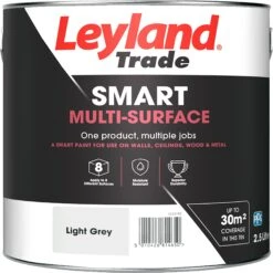 Leyland Trade Smart Light Grey Mid Sheen Multi-surface Paint, 2.5L -Decor Pro Shop leyland trade smart light grey mid sheen multi surface paint 2 5l5010426814650 02c bq