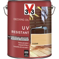 V33 Clear UV Resistant Decking Wood Oil, 5L -Decor Pro Shop v33 clear uv resistant decking wood oil 5l3153895163095 08c bq