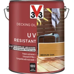 V33 Medium Oak UV Resistant Decking Wood Oil, 5L -Decor Pro Shop v33 medium oak uv resistant decking wood oil 5l3153895163101 08c bq