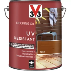 V33 Teak UV Resistant Decking Wood Oil, 5L -Decor Pro Shop v33 teak uv resistant decking wood oil 5l3153895163118 08c bq